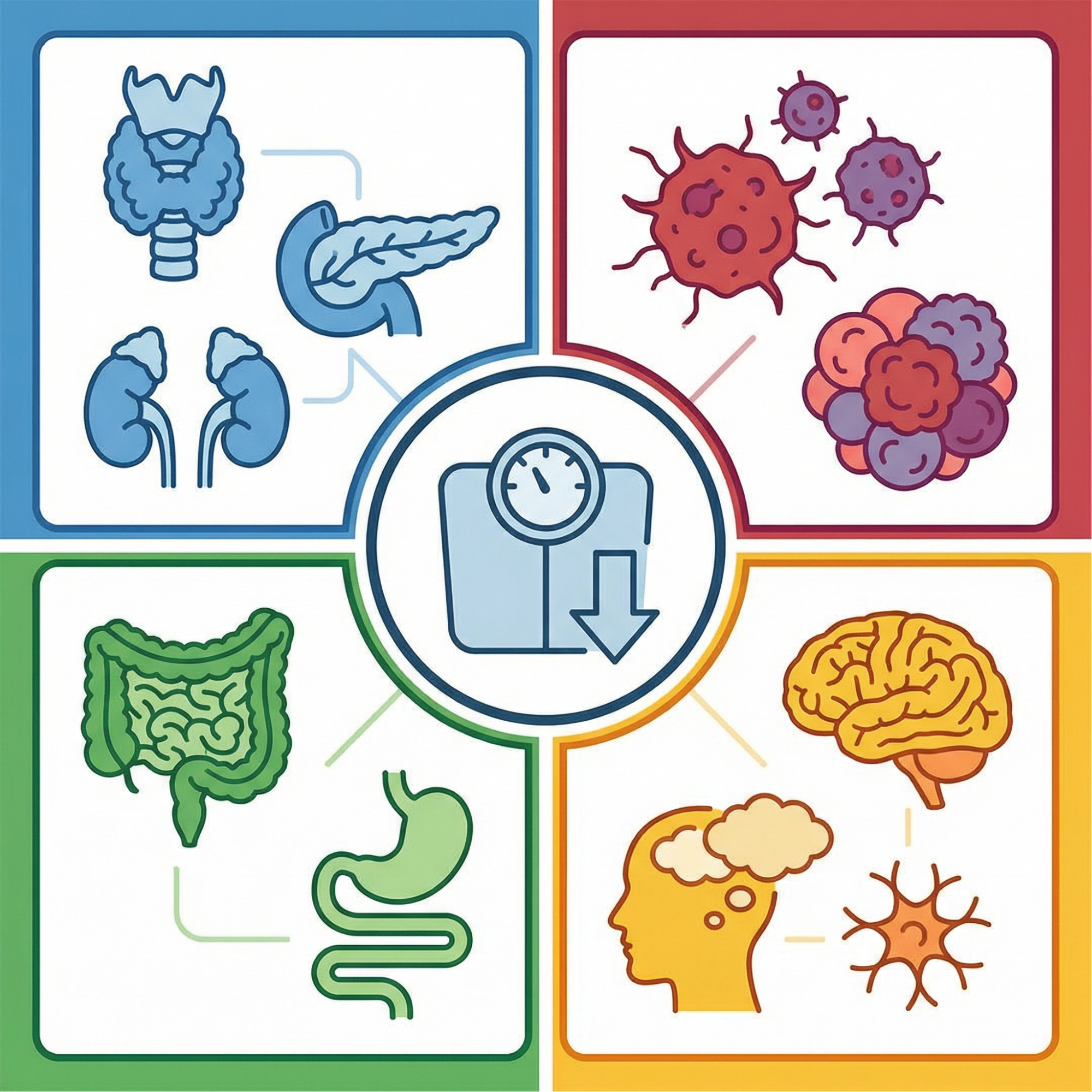 رسم توضيحي (إنفوجرافيك) شامل يلخص أسباب فقدان الوزن غير المبرر وتشمل اضطرابات الغدة الدرقية، الأورام، مشاكل الجهاز الهضمي، والعوامل النفسية والعصبية