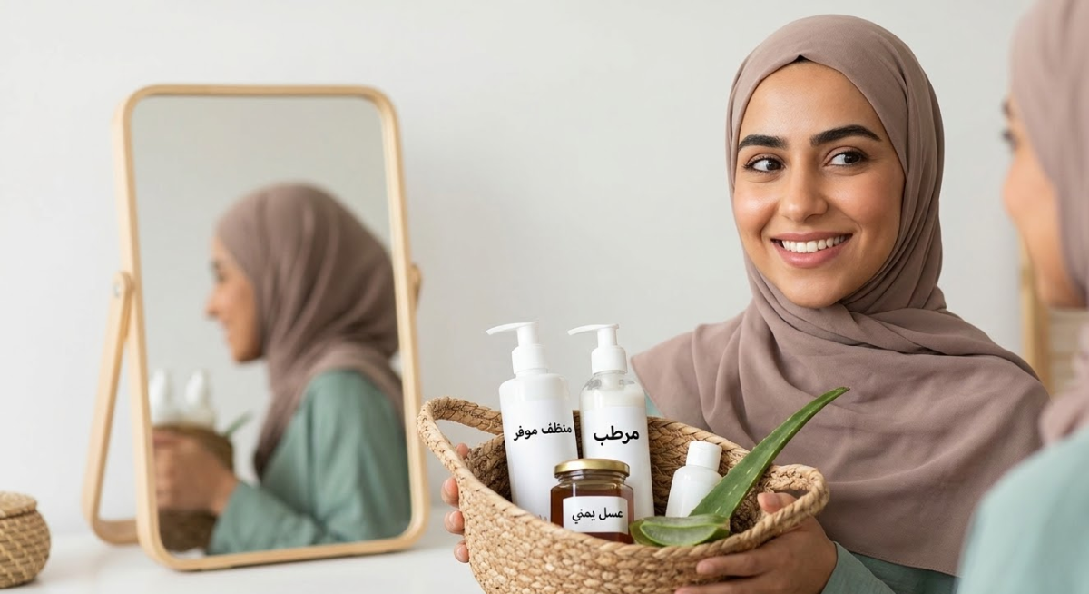 امرأة يمنية محجبة تبتسم بسعادة وتجمع بين منتجات العناية بالبشرة الطبية الموفرة (Affordable Products) ومكونات طبيعية مثل العسل والزبادي