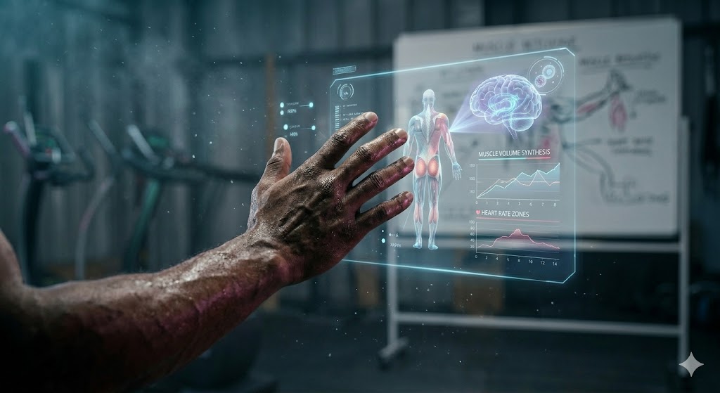 لقطة مقربة ليد رياضية أمام شاشة تعرض نموذج تشريحي ثلاثي الأبعاد للعضلات مع نقاط خضراء وتحليل لحظي للأداء الرياضي باستخدام الذكاء الاصطناعي