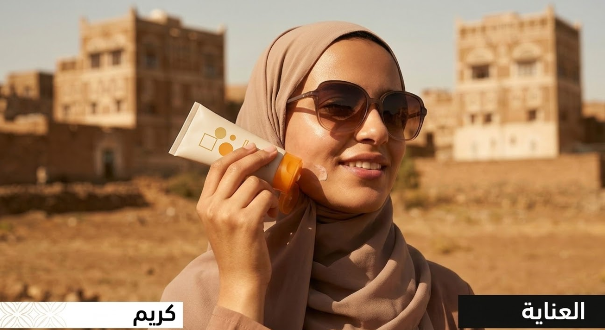 فتاة يمنية محجبة ترتدي نظارة شمسية وتستخدم واقي الشمس (Sunscreen) بمعامل حماية SPF 50+ تحت أشعة الشمس الساطعة في أجواء يمنية جافة