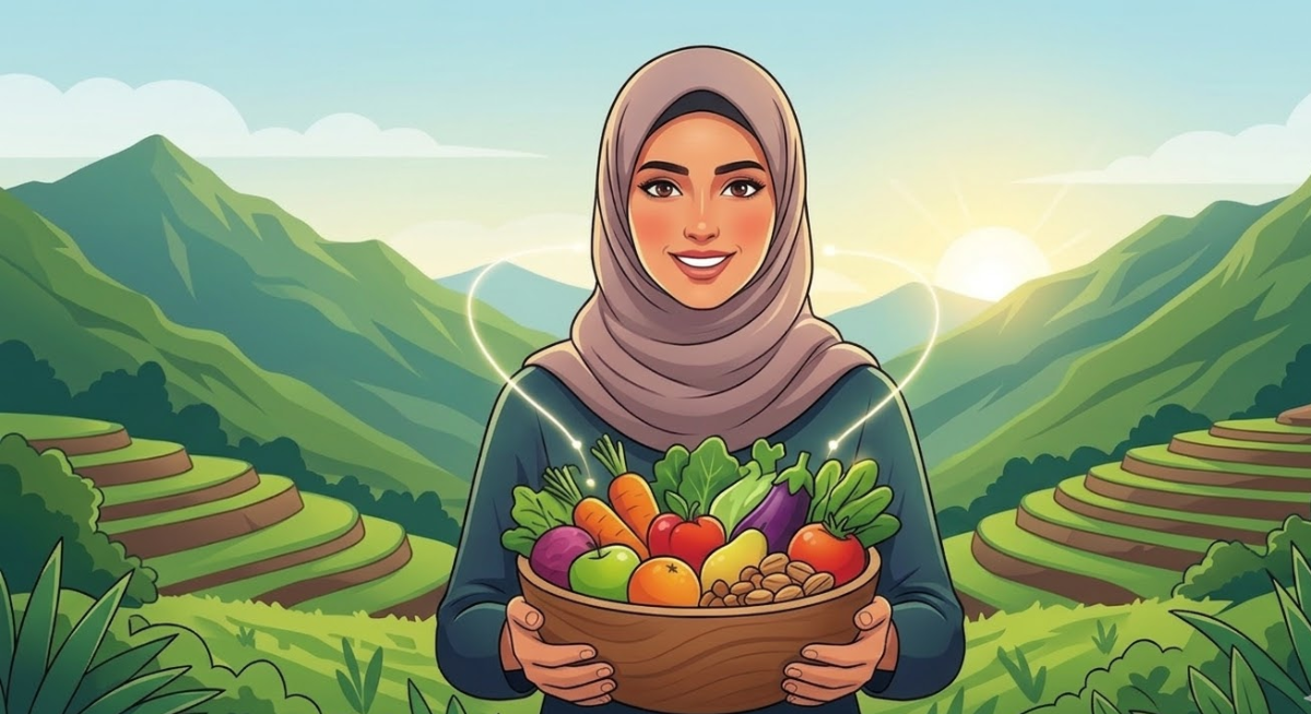 رسم توضيحي يظهر امرأة يمنية محجبة تقف أمام نافذة تطل على جبال اليمن الخضراء، وهي تحمل طبقاً مليئاً بالخضروات والفواكه الطازجة لتعزيز الجمال الداخلي