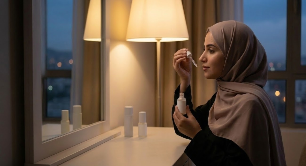 رسم توضيحي يظهر امرأة يمنية محجبة في معمل بحثي حديث محاطة بجزيئات مكبرة من حمض الهيالورونيك وفيتامين C لتعزيز فهم مكونات العناية بالبشرة.