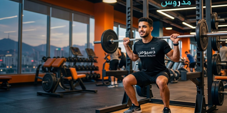 شاب رياضي يمارس تمارين الجيم للمبتدئين لبناء العضلات داخل صالة رياضية حديثة في عام 2026