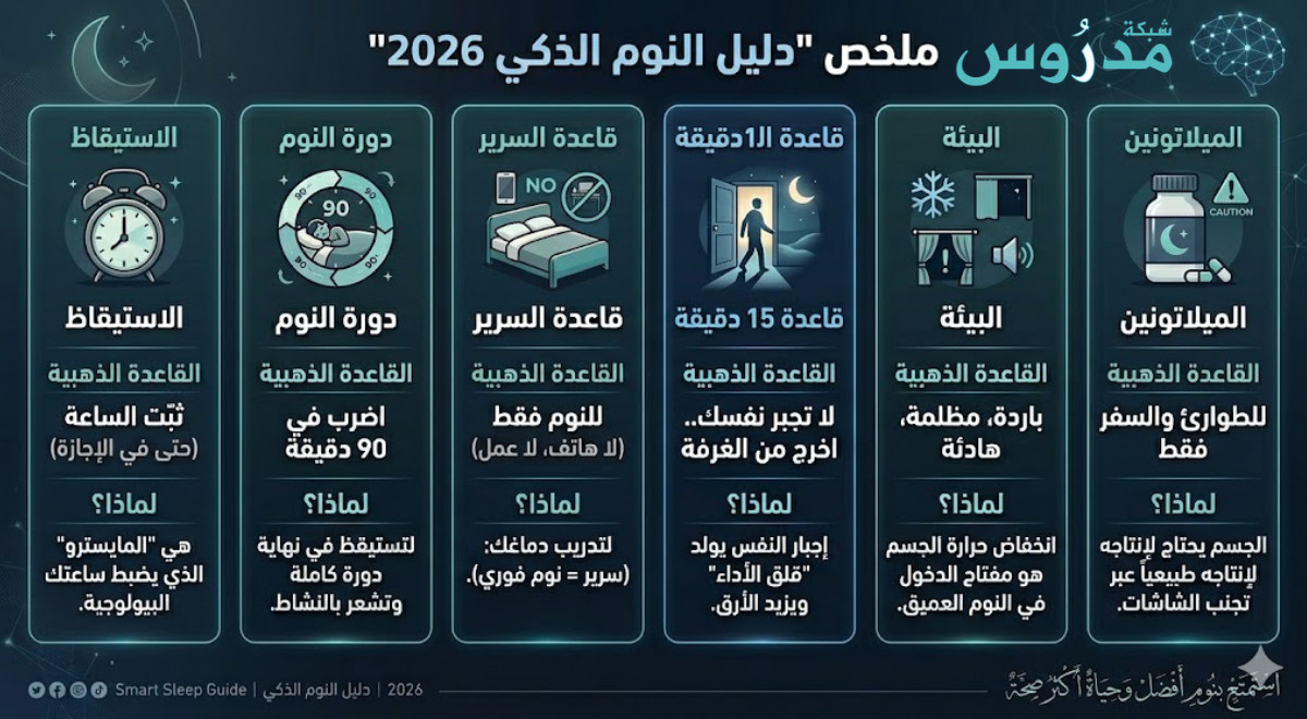 إنفوجرافيك يوضح قواعد النوم السريع - كيف تنام بسرعة - وعلاقته بالصحة النفسية - دليل مدروس 2026.
