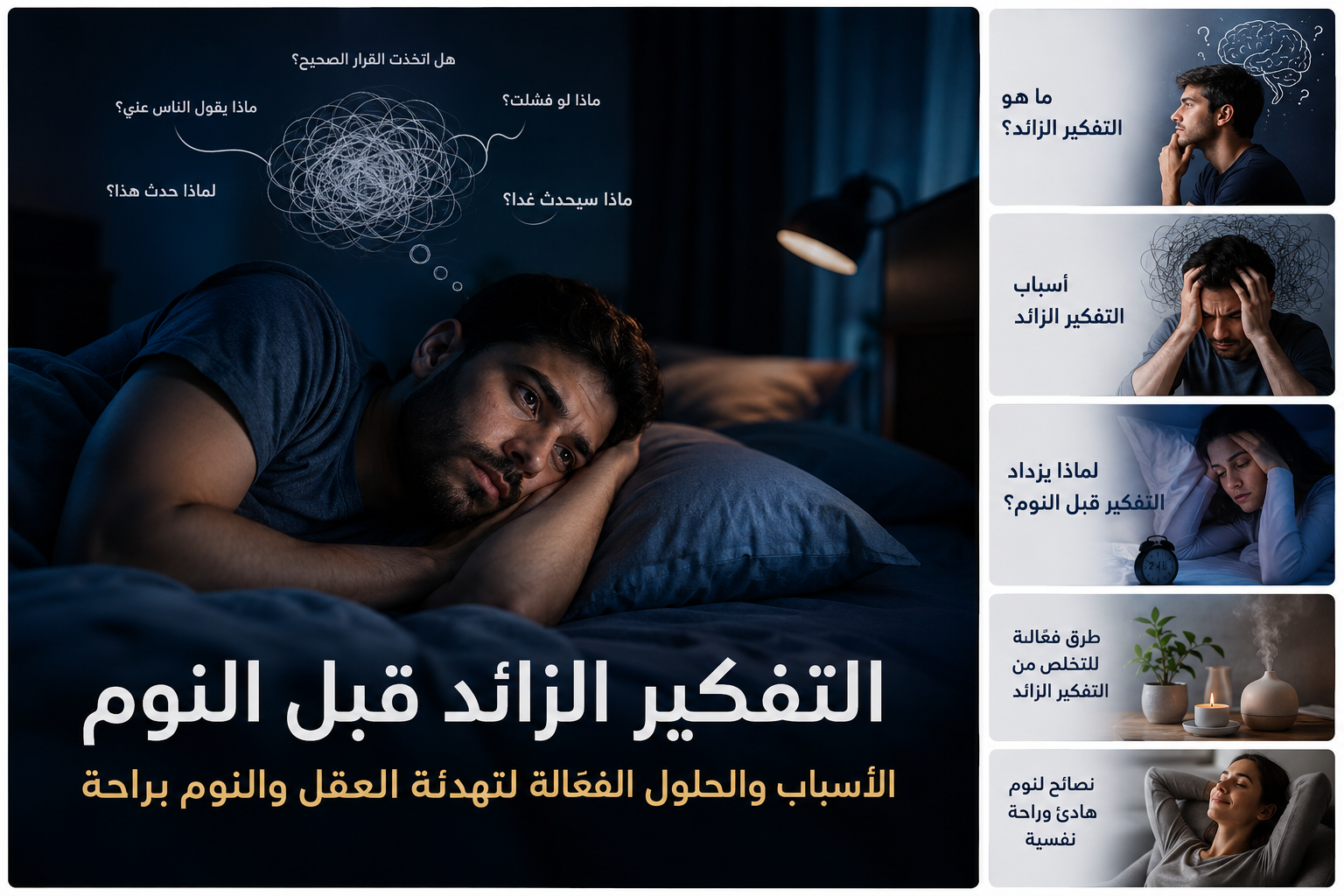 شخص يعاني من التفكير الزائد قبل النوم مع توضيح طرق تهدئة العقل والتخلص من القلق لتحسين النوم والصحة النفسية