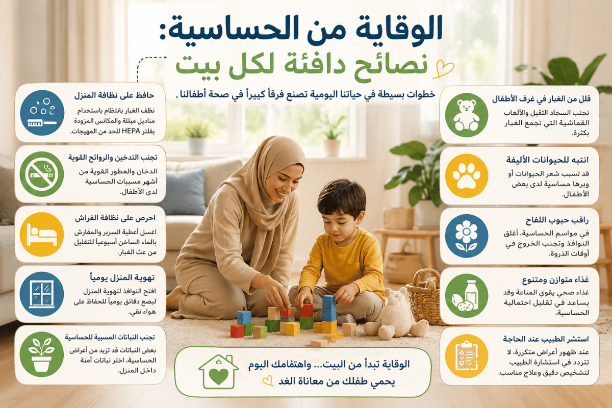 طفل في بيئة منزلية نظيفة وآمنة مع أم تهتم بالنظافة والوقاية من الحساسية عبر خطوات بسيطة مثل تنظيف المنزل وتجنب الغبار